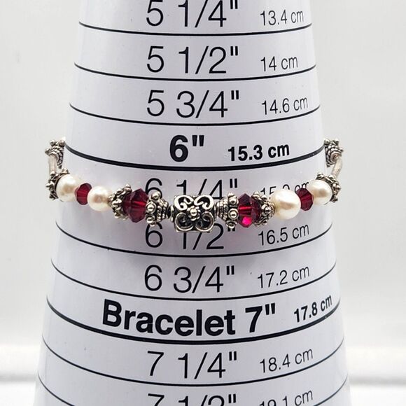 Y2K Vintage 925 Women's Bracelet 6.25"Minimalist Classic Genuine Pearl Ruby Bead - Picture 6 of 8